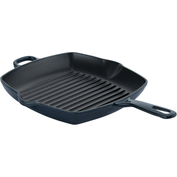 Chuck Hughes Poêle-Gril Carrée en Fonte 26 cm – Poêle-Gril Intérieure Robuste pour Viande, Poisson et Légumes, Surface Assaisonnée Antiadhésive, Répartition Uniforme de la Chaleur, Va au Four et sur la Cuisinière (Bleu Minuit)