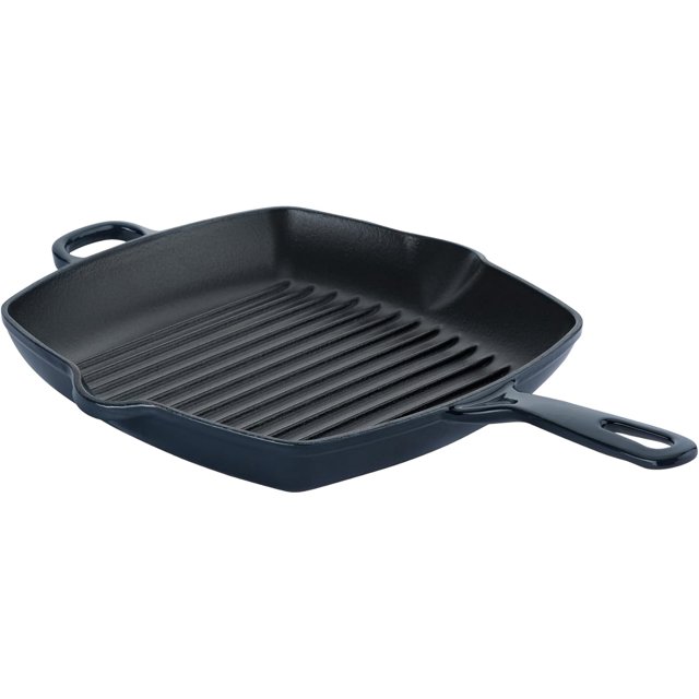 Chuck Hughes Poêle-Gril Carrée en Fonte 26 cm – Poêle-Gril Intérieure Robuste pour Viande, Poisson et Légumes, Surface Assaisonnée Antiadhésive, Répartition Uniforme de la Chaleur, Va au Four et sur la Cuisinière (Bleu Minuit)