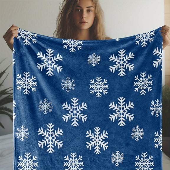 Vintage Style Flannel Throw Blanket - Winter Blue Snowflake Print, Soft Cozy Warm Comfort for Sofa, Bed, Car, Office, Camping, Travel
