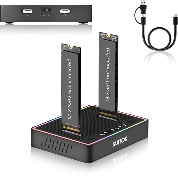 SUITOK M.2 Duplicator Cloner Dual-Bay Offline USB C to NVMe SATA Dock Station, 20Gbps M2 Reader for Both (M Key, B+M Key) PCIE NGFF Docking, Size for