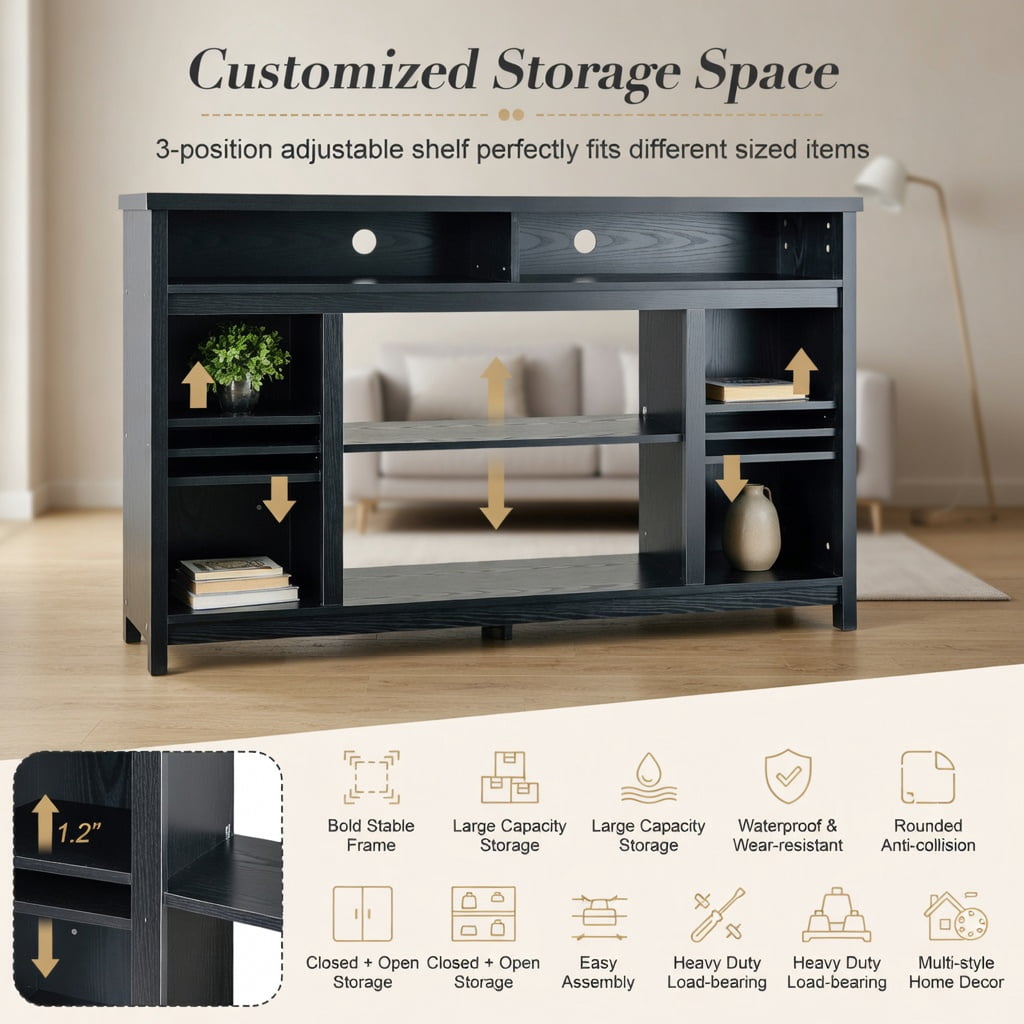 Demi Bonn TV Stand, TV Cabinet, 58 Inch TV Stand Entertainment Console Center with Adjustable Open Shelves, Media Entertainment Center with Storage, for Living Room, Bedroom, Black