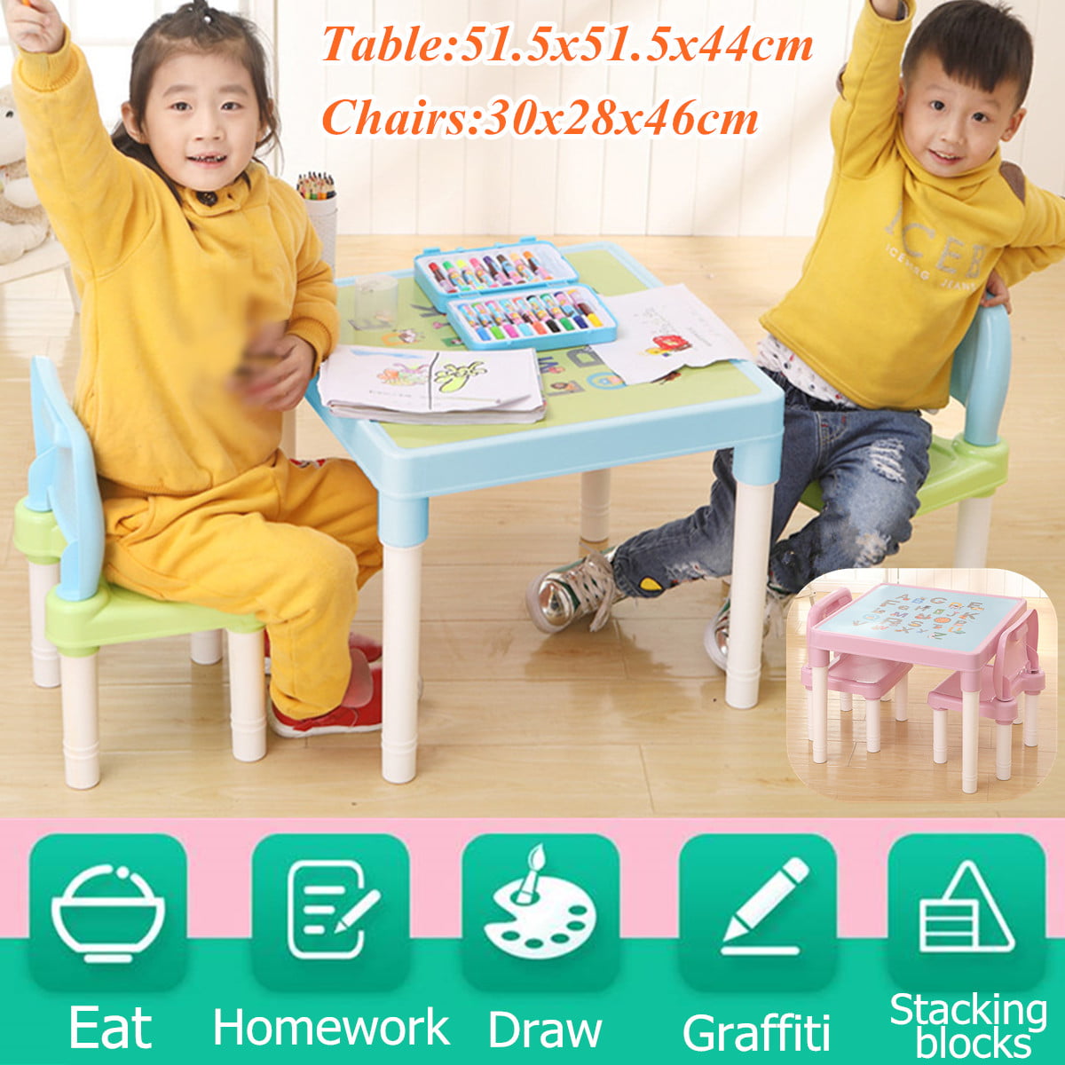 Kids Desk And Chair Set Children's Table Set 3-Piece Blue Printing Table And Chairs Set Kids Learning Alphabet Study Table For Above 2 years old