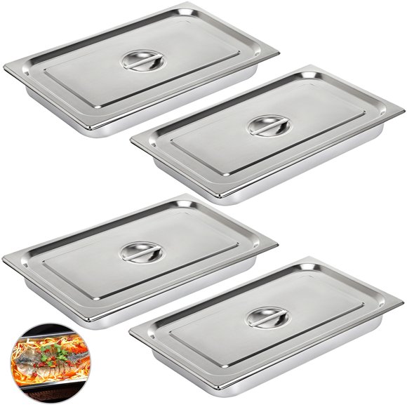 VEVOR 4 Pack Hotel Pan 4" Deep Steam Table Pan Full Size with Lid 20.8"L x 12.8"W Hotel Pan 22 Gauge Stainless Steel Anti Jam Steam Table Pan