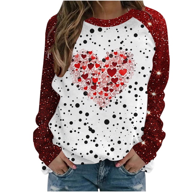 Penkiiy T-Shirt Décontracté à Col Rond pour Femmes, Manches Longues, Mignon, Tendance, Grande Taille, Imprimé Cœur, S Rouge