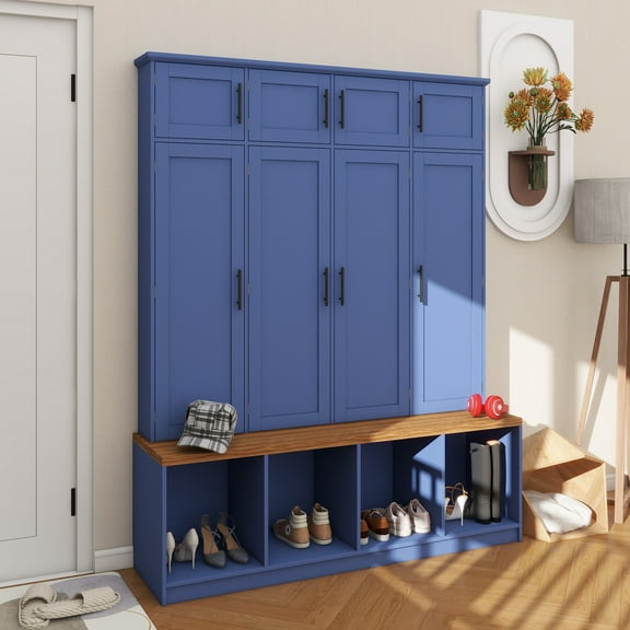 Farmhouse Hall Tree with 4 Hidden Hanging Hooks, Versatile Walnut Seating Bench with 8 Doors, Entryway Shoe Cabinet with Open Compartment for Living Room, Blue