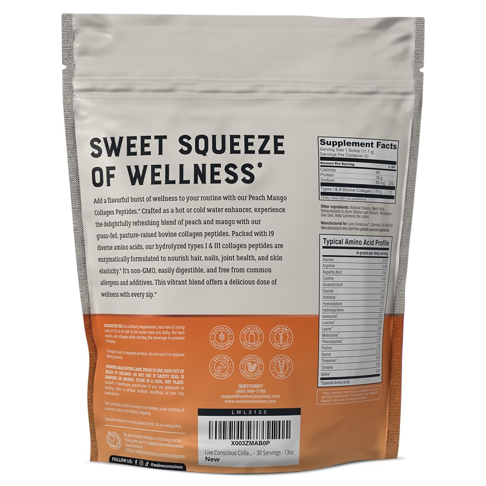 Live Conscious Peach Mango Collagen Peptides Powder, Grass-Fed Types I & III, Skin, Hair, Nails & Joint Support, 30 Servings