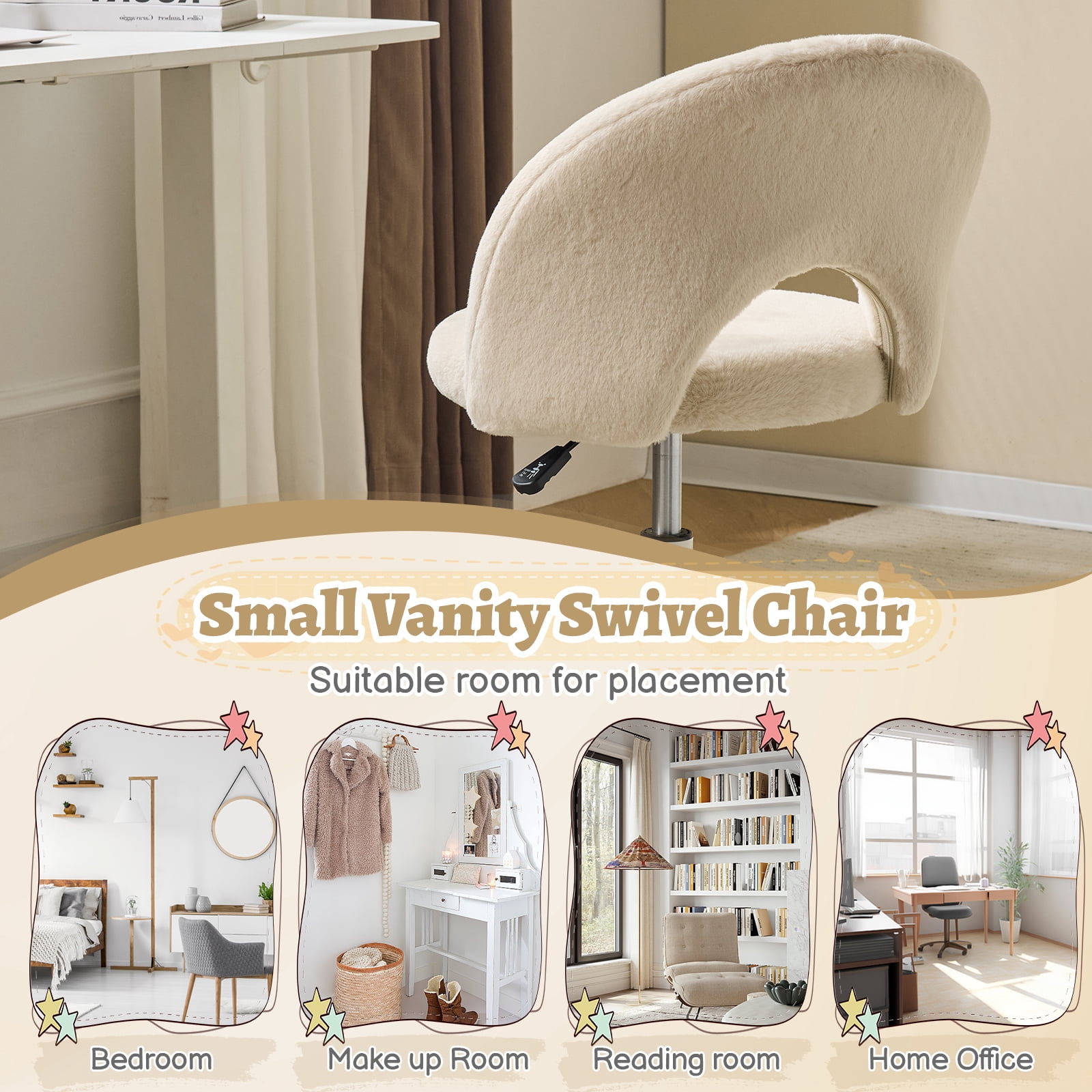 Ktaxon Vanity Makeup Chair Comfy Cute Accent Chair Small Swivel Task Office Chair with Wheels Faux Rabbit Hair Beige