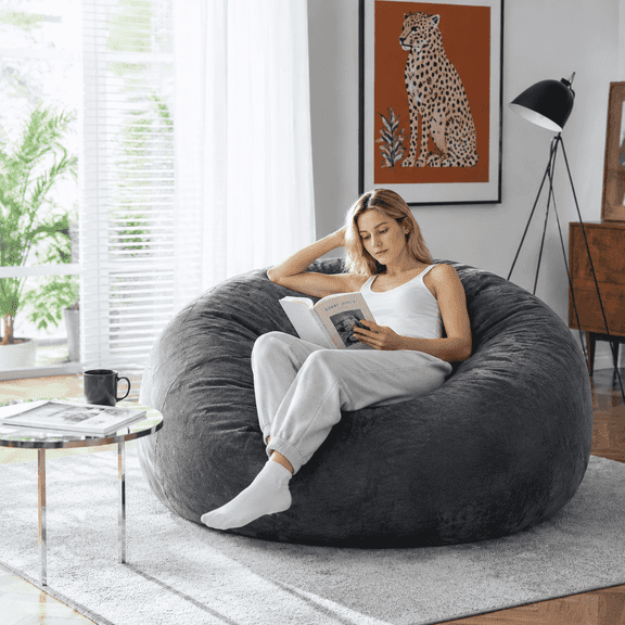 Kerahd 4ft Adult Bean Bag Chair, Memory Foam with Filling, Flannel Washable Cover, Reading Chair for Bedroom & Dorm, Dark Gray