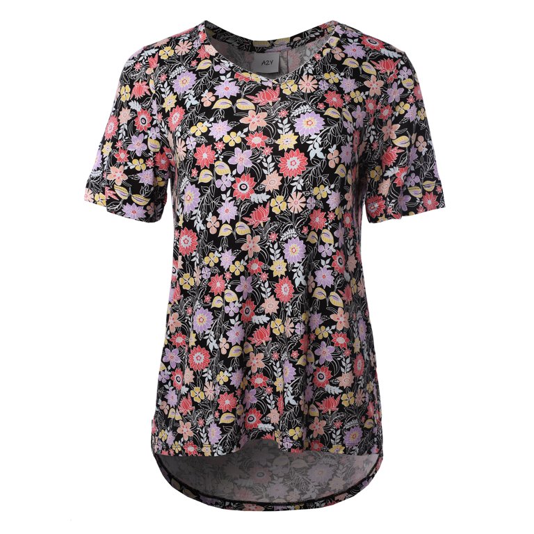 A2Y Women's Rayon Spandex V-Neck Jersey Knit Shirt Top Black Floral M