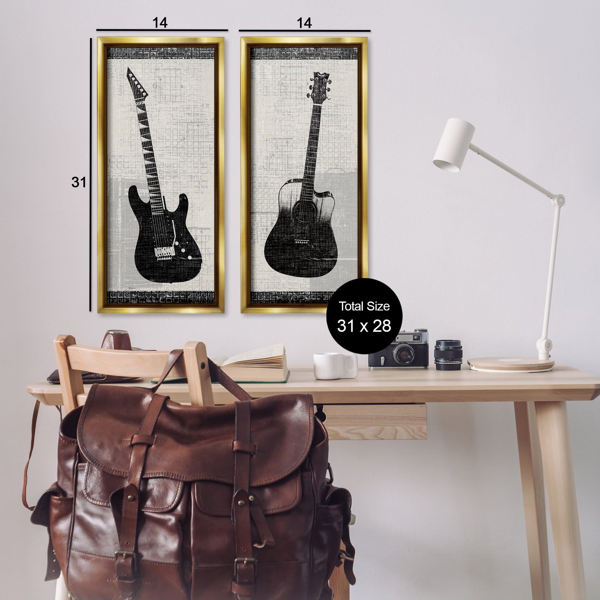 Stupell Industries Electric Acoustic Guitar Entertainment Painting Gold Floater Framed Canvas Art Print Wall Art, 14 x 31, Set of 2