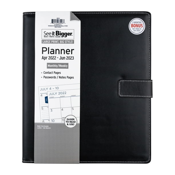 See It Bigger Monthly/Weekly Padfolio Planner, April 2022June 2023, 9.75" x 11.75", Black