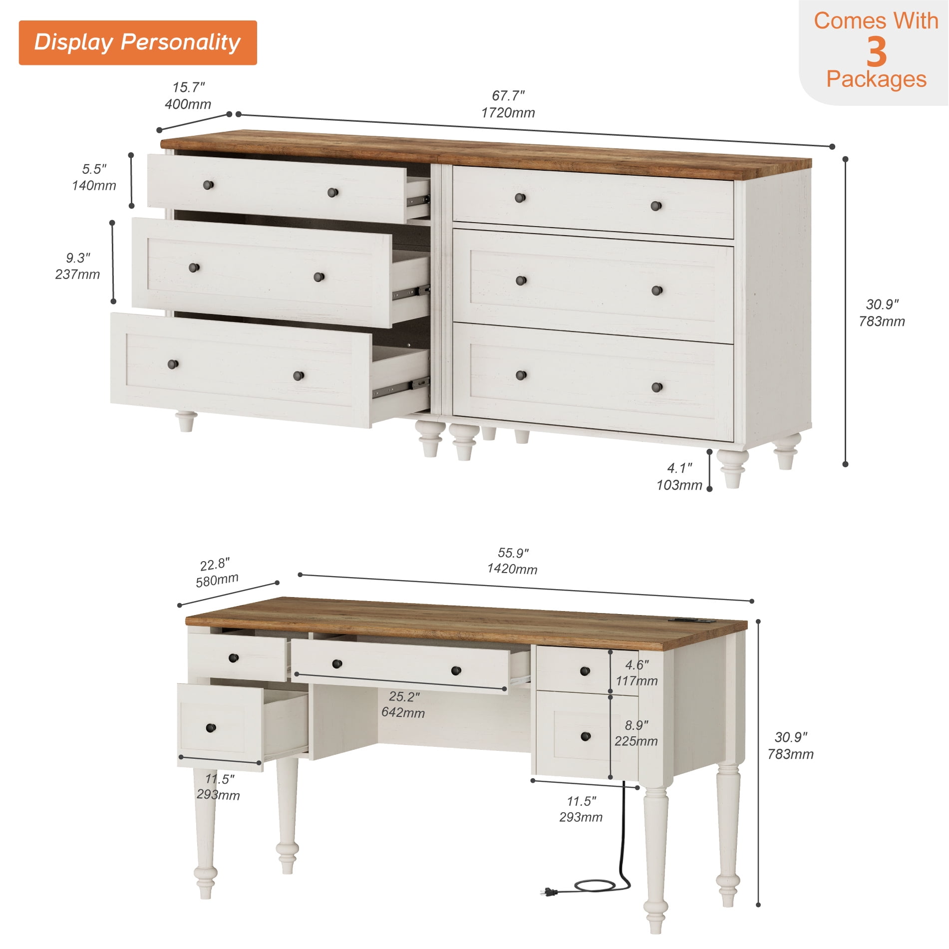 White Home Office Furniture Set, 56" Executive Desk with Charging Station, 2-in-1 Cabinet with 6 Wooden Drawers, Wood Computer Desk with File Cabinet Storage, Open Shelf
