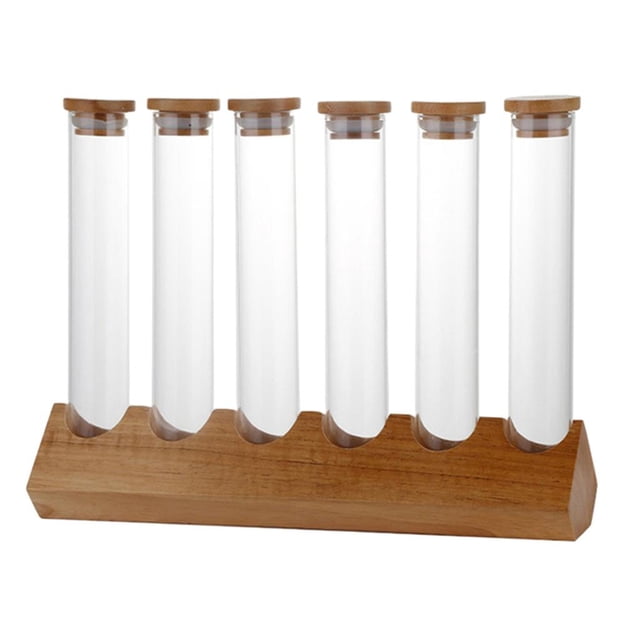 yuksok Creative Cereals Canister Glass Tubes with Wooden Holder Spice Rack for Kictchen 6 Tubes
