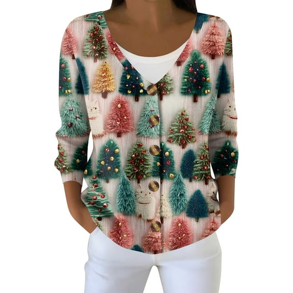 Women's Fashion Long Sleeve Christmas Snowman Snowflake Print Jacket Cardigan for Holiday Party and Casual Daily Wear,Green,S