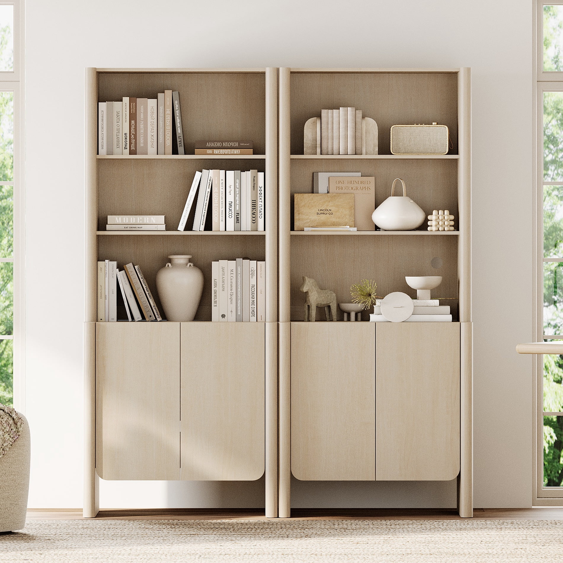 63-Inch Modern French Bookcase with Curved Edges, Doors and Open Shelves, 72.8" Tall, Beige