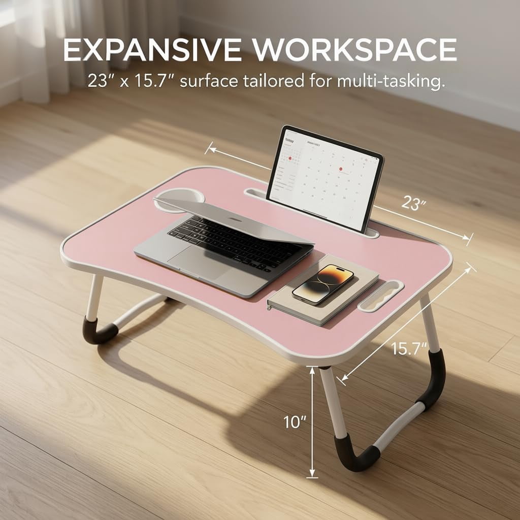 Folding Lap Desk  23 Inch Portable Wood Blue Laptop Bed With Cup Holder For Working Reading Writing Eating Watching Movies Sofa Couch Floor -new008 Pink