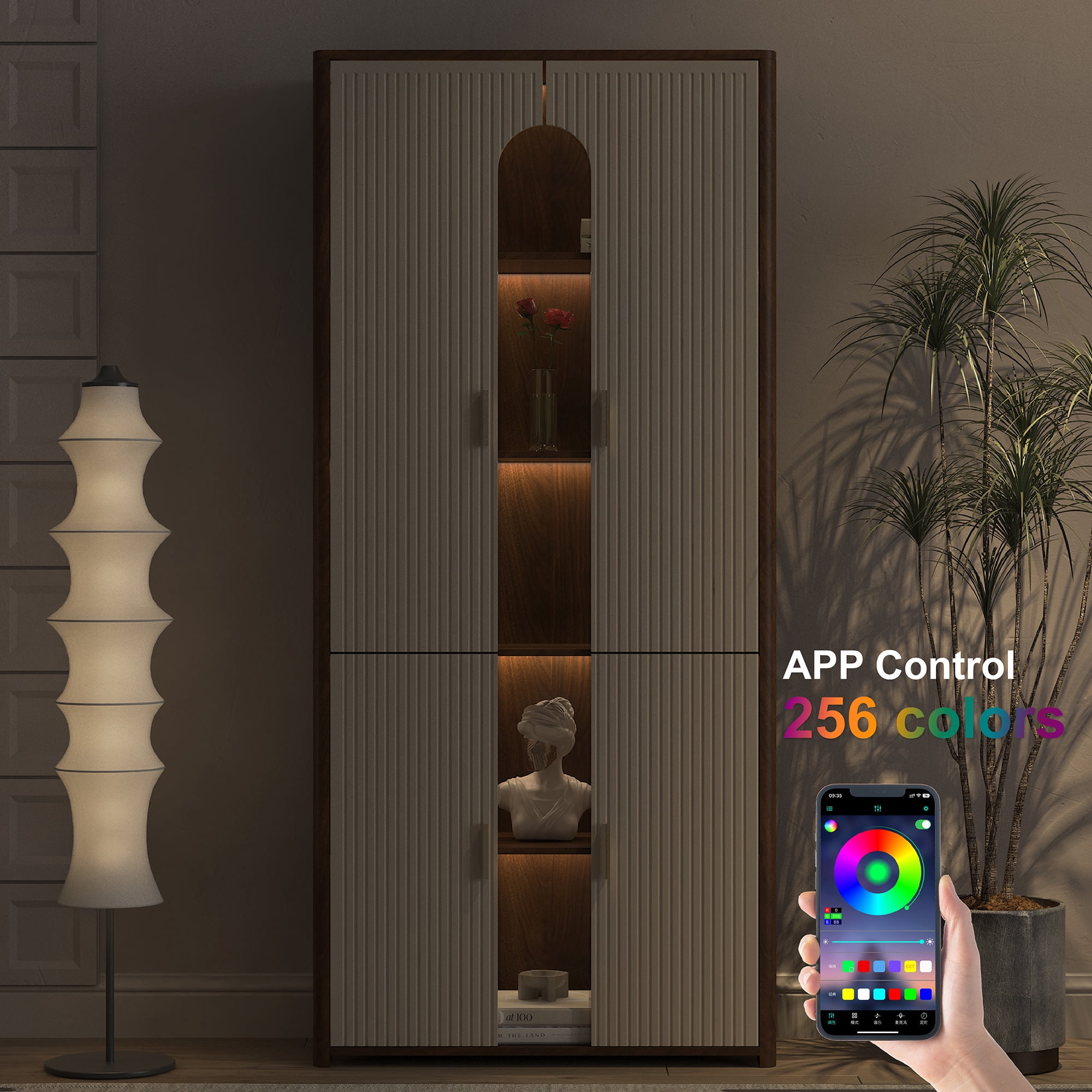 Leumius Display Cabinet with Doors,Bookcase with LED Lights, Display Case for Collectibles Bedroom Living Room Office