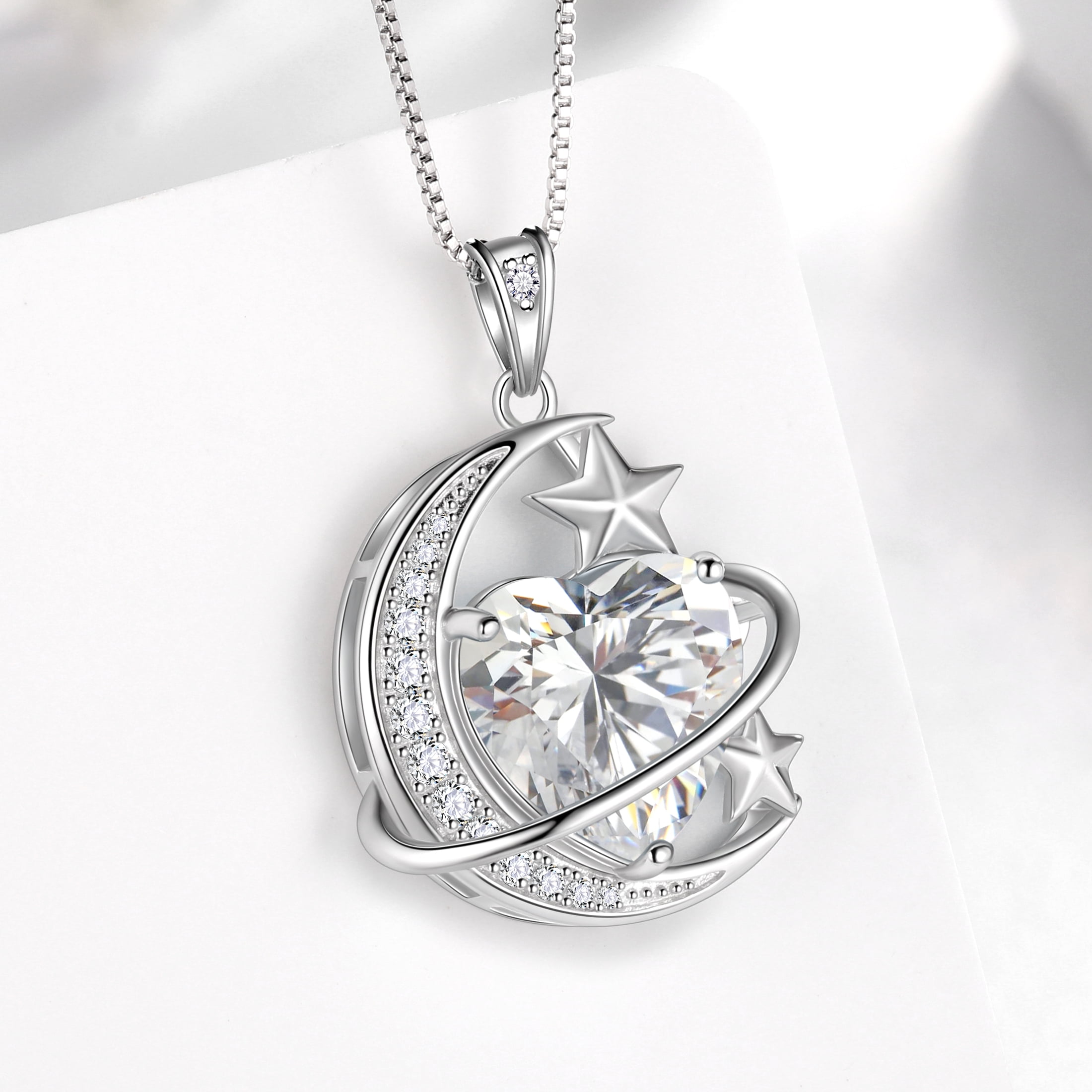 Juwaliy 13MM Women Moon Star Necklace Heart April Birthstone 925 Sterling Silver Celestial Necklace Pendant Diamond Crystal Jewelry Christmas Birthday Valentines Gift for Wife/Mom