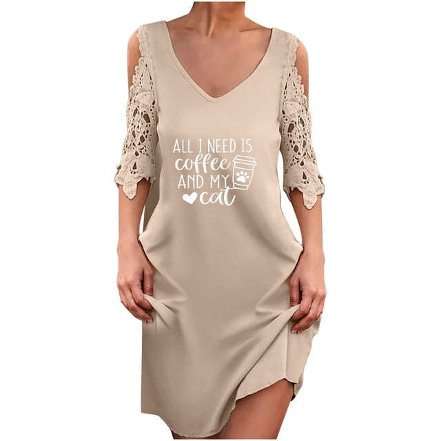 Robe d'Été à Épaules Dénudées pour Femmes en Dentelle Crochet, Manches Courtes, Col en V, Coupe Droite, Robe Décontractée Ample, T-Shirts, Robe de Soirée A3