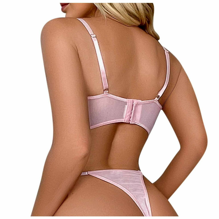 Hfyihgf Womens 3 Piece See-Through Sexy Lingerie Set with Garter Belt  Strappy Floral Lace Bra and Panty Sets Underwear Nightwear(Pink,L)