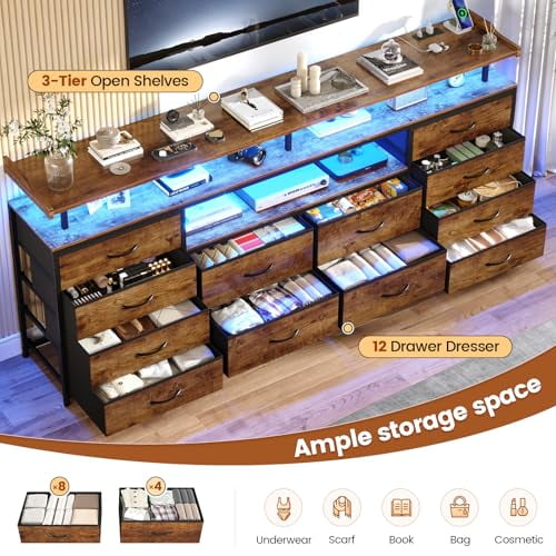 12 Drawers TV Stand Dresser for 65/70 inch TV, Entertainment Center with LED Lights & Power Outlets, 63" Large LED TV Stand, TV Console for Bedroom
