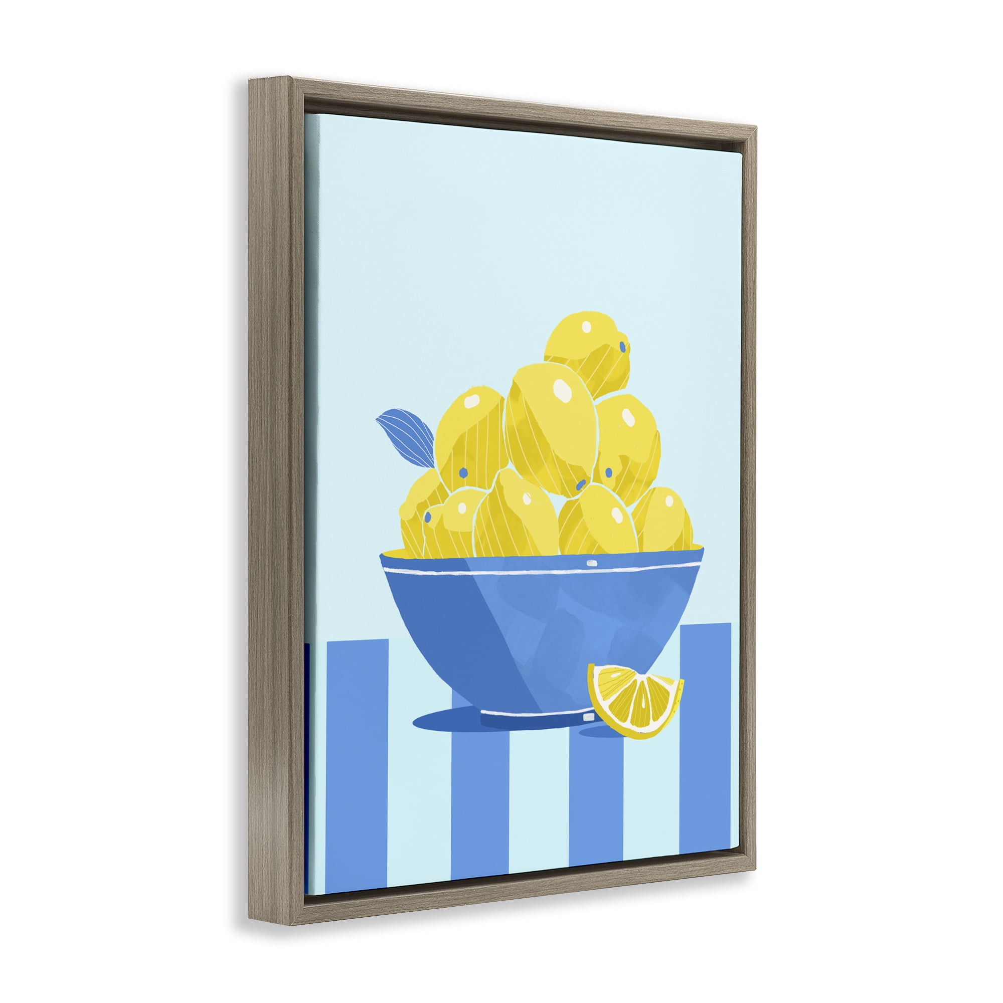 Stupell Industries Yellow Lemon Bowl Striped Brown Framed Floater Canvas Wall Art, design by Lucca Sheppard