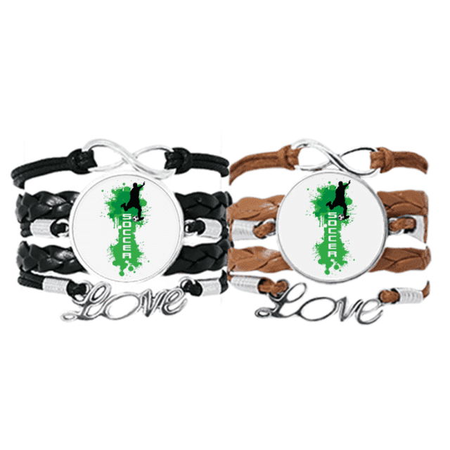 Text Soccer Football Sports Bracelet Hand Strap Leather Rope Wristband Double Set