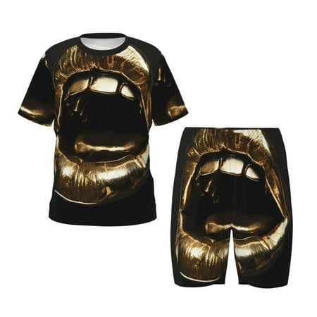 Luyuia Golden Lips Modern Sculpture Print Girls  2-Piece Tie-Dye Pajama Set  Cute Summer Loungewear with Shirt and Tank Shorts Nightwear-4X-Large