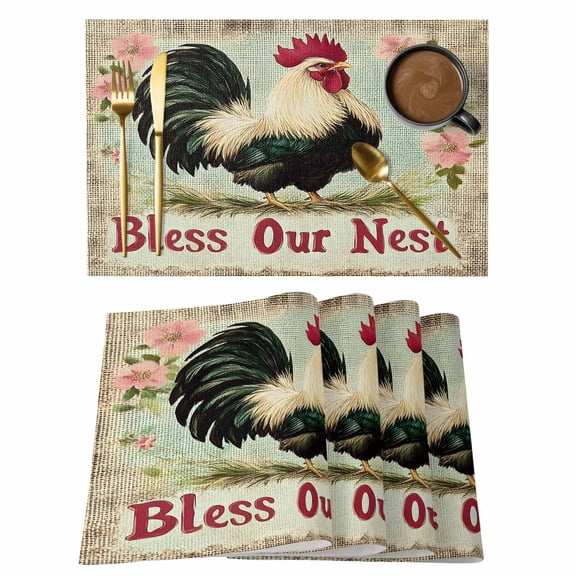 Vintage Rooster Placemats Set of 2, Farmhouse Bless Our Nest Animals Pastoral Linen Texture Non-Slip Place Mats Washable Table Mats for Kitchen Dining Table Decorations Indoor/Outdoor