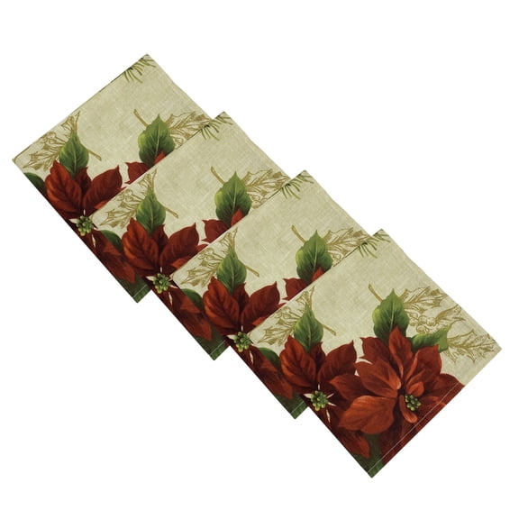 Elrene Home Fashions Festive Poinsettia Holiday Cloth Napkins, Set of 4, Multicolor, 17" x 17"