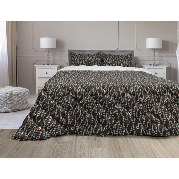 Retro Comforter & Sham Bedding Set, Nostalgic Geometry Inspired Pattern with Repetitive Circles, 3 pcs Duvet Set Microfiber Filling Quilt, 5 Sizes, Seal Brown Pale Teal, by Ambesonne