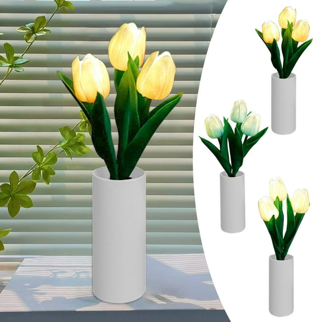 Xihbxyly Lámpara de Escritorio con Tulipanes, Flores Led de Imitación, Elegante Diseño de Jarrón, Iluminación Cálida para El Hogar, Decoración de Escritorio para Sala de Estar, Regalo Romántico, Tama