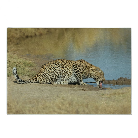 Safari Cutting Board, Leopard Panther Drinking at Waterhole Wild South Animal Documentary Print, Decorative Tempered Glass Cutting and Serving Board, Small Size, Pale Brown, by Ambesonne