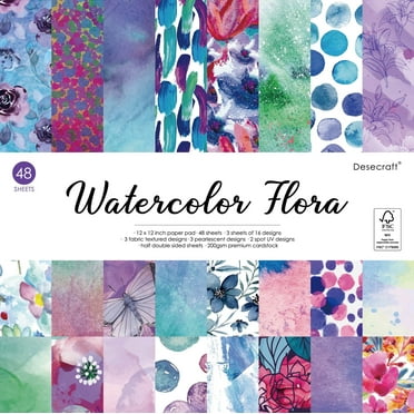 Desecraft 48 sheets 12x12 Scrapbooking Cardstock Decorative Paper Pack - Watercolor Flora - for Card Making Journaling Planner Origami Scrapbook Paper Scrapbook Materials Supplies