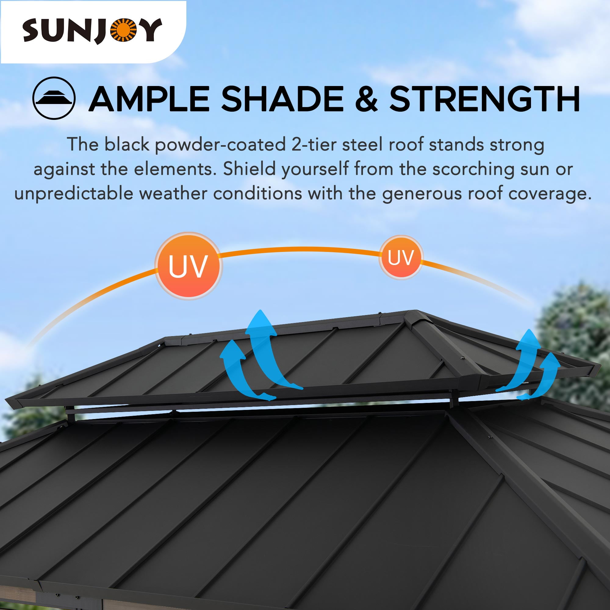 Sunjoy 8ft. x 12 ft. Wooden Cedar Framed Grill Gazebo with exclusive AC Power Port - Black