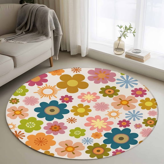 Vintage Boho Floral Round Area Rug 3.3Ft Washable Circle Rugs for Dining Room Table, Yellow Pink Floral Bohemia Beige Non-Slip Carpet Floor Mats Indoor Outdoor Carpet Runner Aesthetic Home Decor