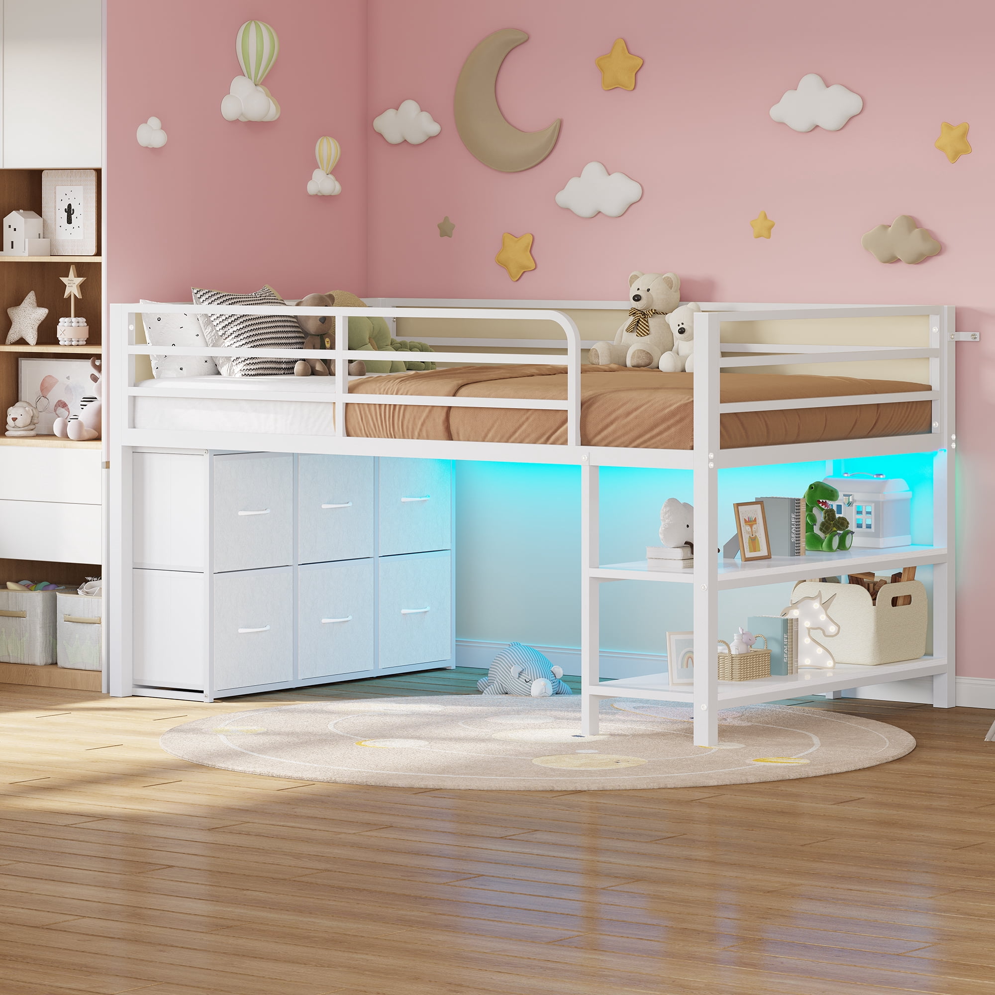 Twin Size Loft Bed with 6 Fabric Drawers and Storage Shelves, with LED Lights,Modern Low Loft Bed,No Box Spring Needed,Sturdy ,White / Black /Pink