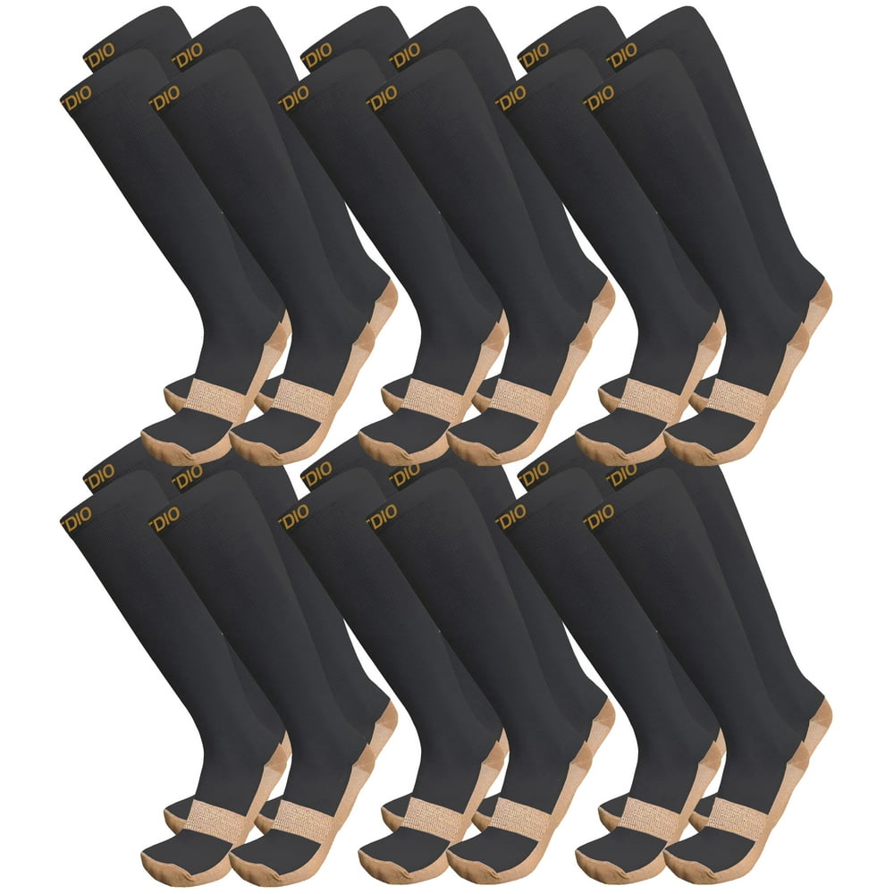 Graduated 15-20mmHG Knee High 12-Pair Copper Infused Compression Support Socks For Men & Women