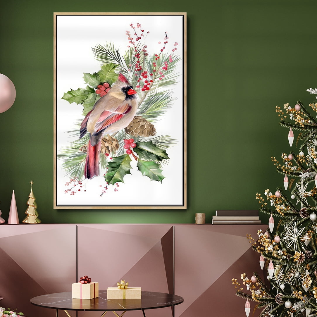 Cardinal Holly Christmas Collection B - Framed Gallery Wrapped Holiday Canvas - 25 x 37 - Natural Wood Frame