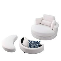 Accent Swivel Barrel Chair with Storage Ottoman, 51“ Round Accent Chair Lounge Chair with Pillows, Upholstered Linen Fabric Oversize Sofa Chair Reading Chair, for Bedroom, Hotel, Ivory