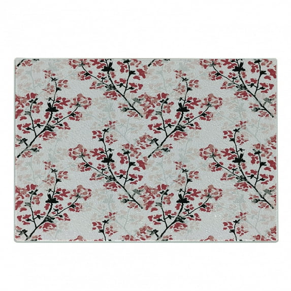 Floral Cutting Board, Nature Inspired Blush Flowers on Tree Branches Romantic Season Art Design, Decorative Tempered Glass Cutting and Serving Board, Small Size, Rose Ruby Black, by Ambesonne