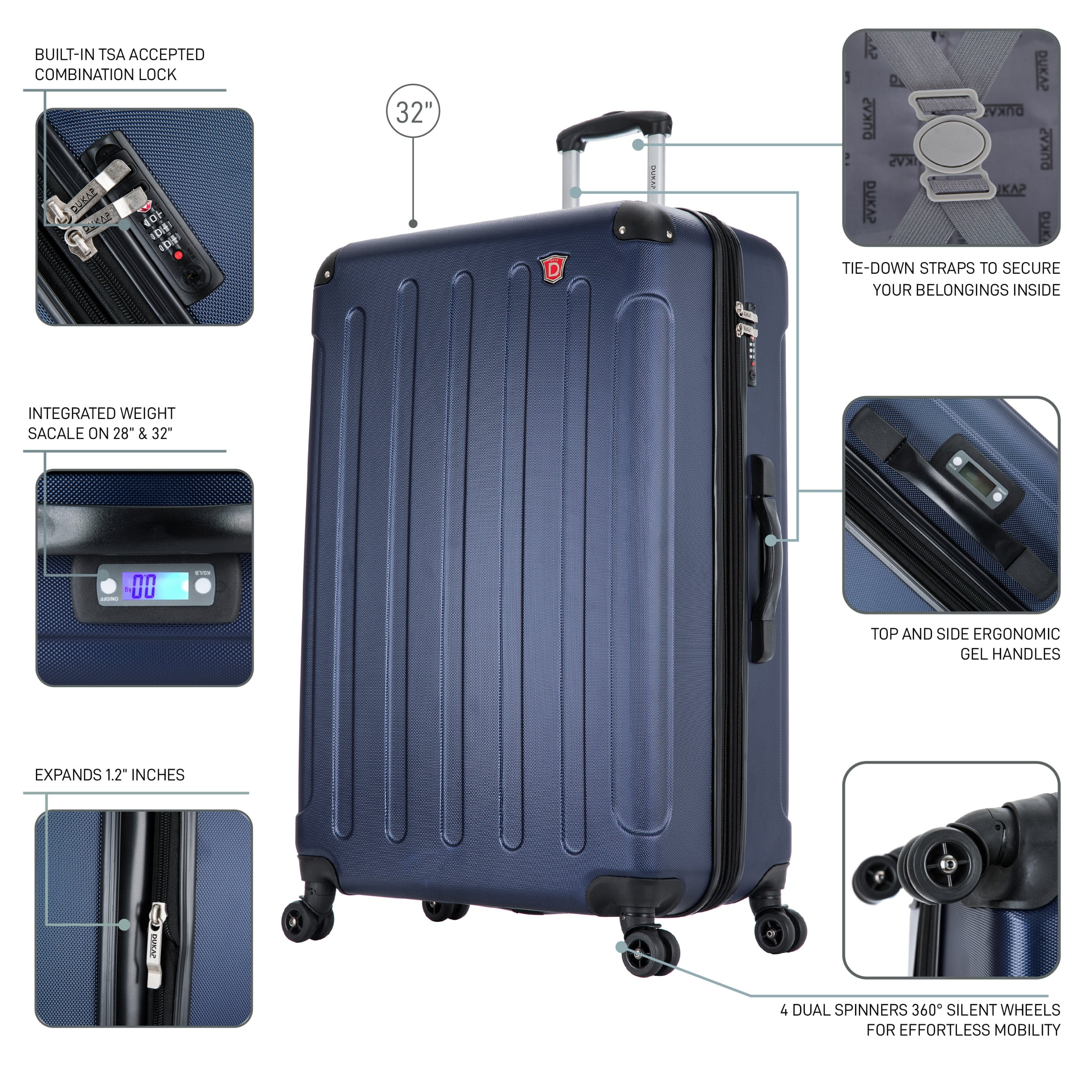 DUKAP Intely 32" Hardside Lightweight Luggage with Spinner Wheels and Integrated Weight Scale, Blue