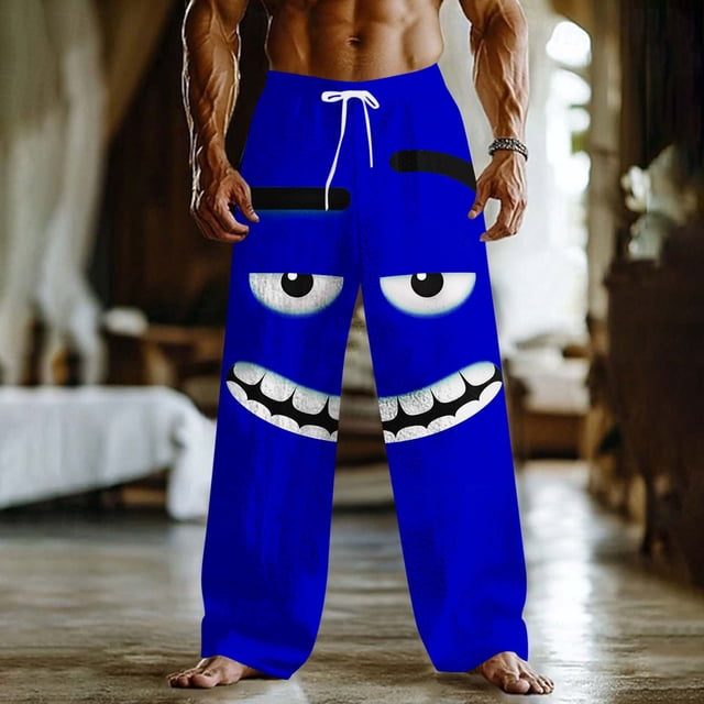 Ceisia Men's Loose Straight Leg Casual Pants Side-Eye Grin Cartoon Print Elastic Drawstring Waist Multi-Color Beach Vacation Pants Blue M Gifts