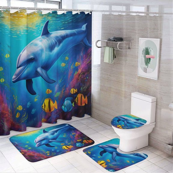 Marine World Dolphin Shower Curtain Set Waterproof Bathroom Toilet Seat Cover Bath Non-slip Mat Rug Carpet Bath Decor 4pcs