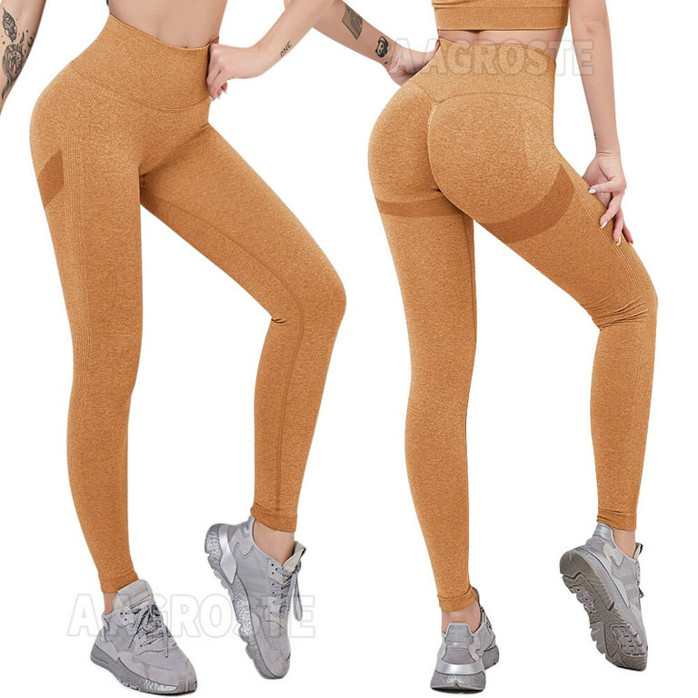A AGROSTE Scrunch Butt Lifting Seamless Leggings Booty High Waisted Workout  Yoga Pants Anti-Cellulite Scrunch Pants Brown-M
