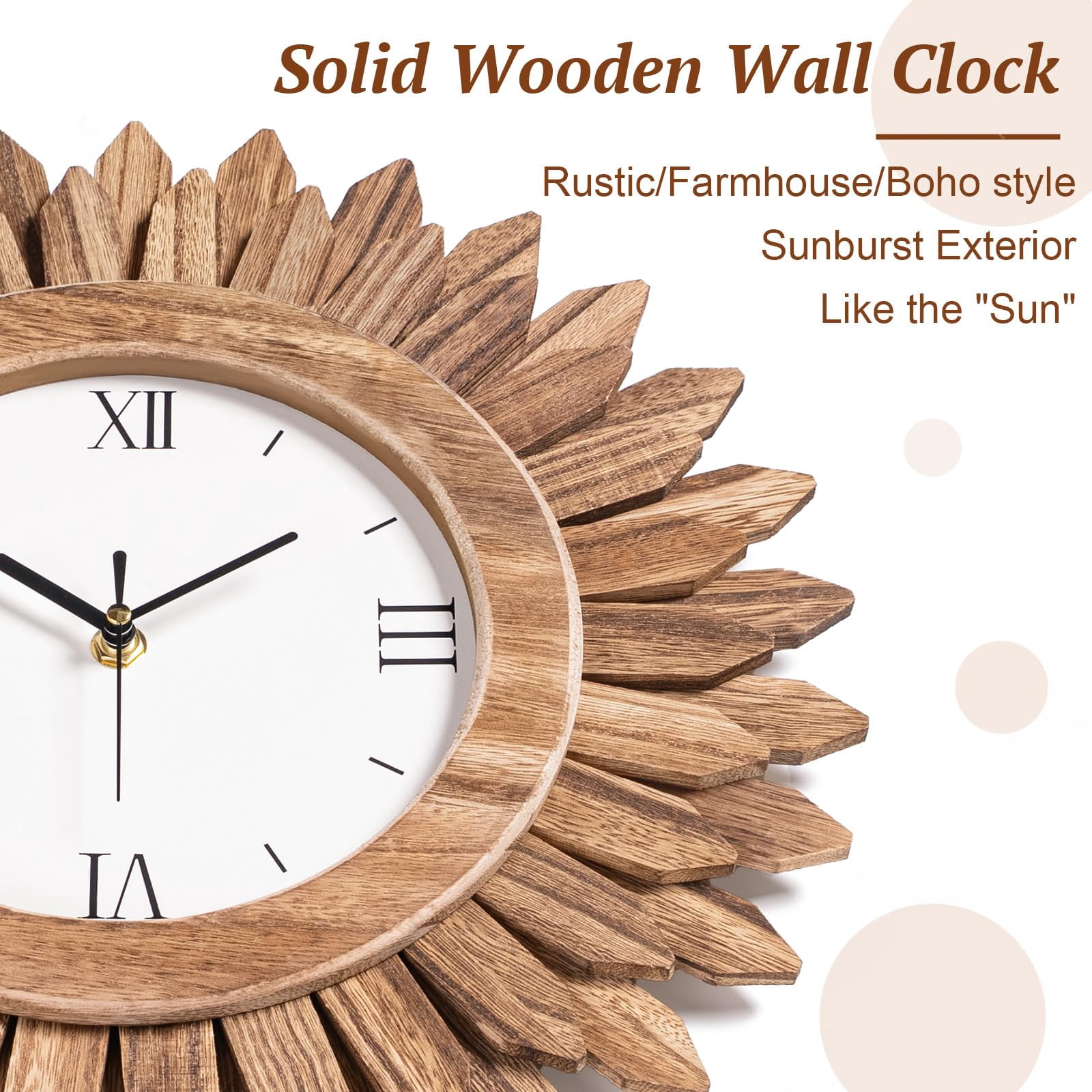 14 In Rustic Wood Boho Sunburst Decorative Wall Clock Silent Non Ticking Farmhouse Small Wall Clocks for Living Room Kitchen Bedroom Decor (Rustic Brown)