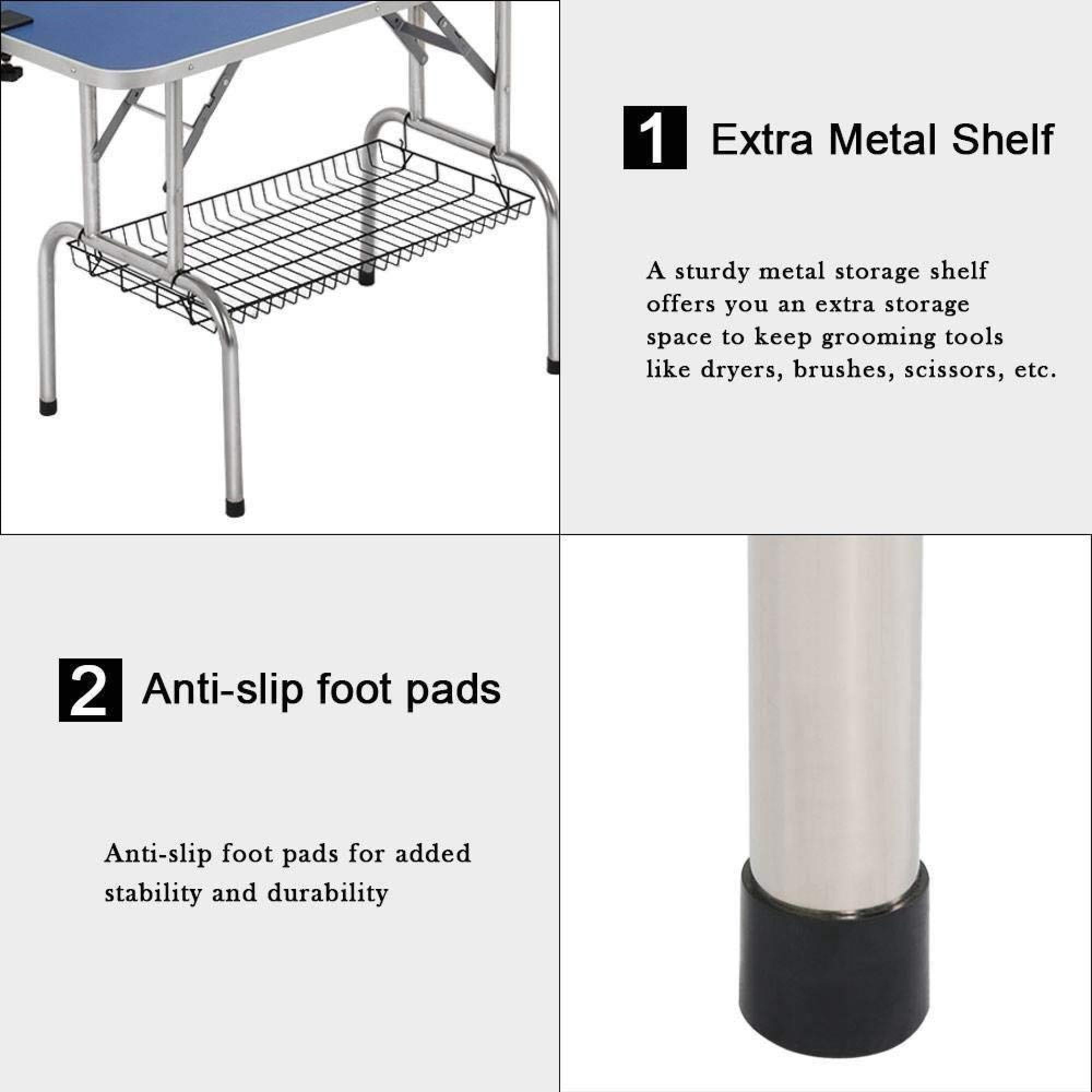 Leumius 46" Folding Pet Grooming Table with Adjustable Arm and Clamps Stainless Steel Frame for Dog and Cat Large Heavy Duty Animal Blue