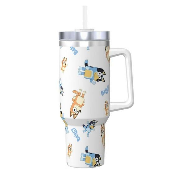 Silaia Bluey Print 40OZ Ice Bully With Handle,40 oz Insulated Tumbler With Lid And Straw,Stainless Steel Tumblers Cup,Portable for Travel, Gym, Home, and Outdoor Activities