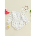 thumbnail image 3 of Bagilaanoe Newborn Baby Girl Fall Rompers Butterfly Print Long Sleeve Bodysuits + Headband 3M 6M 12M 18M Infant Ruffle One Piece Jumpsuit, 3 of 7