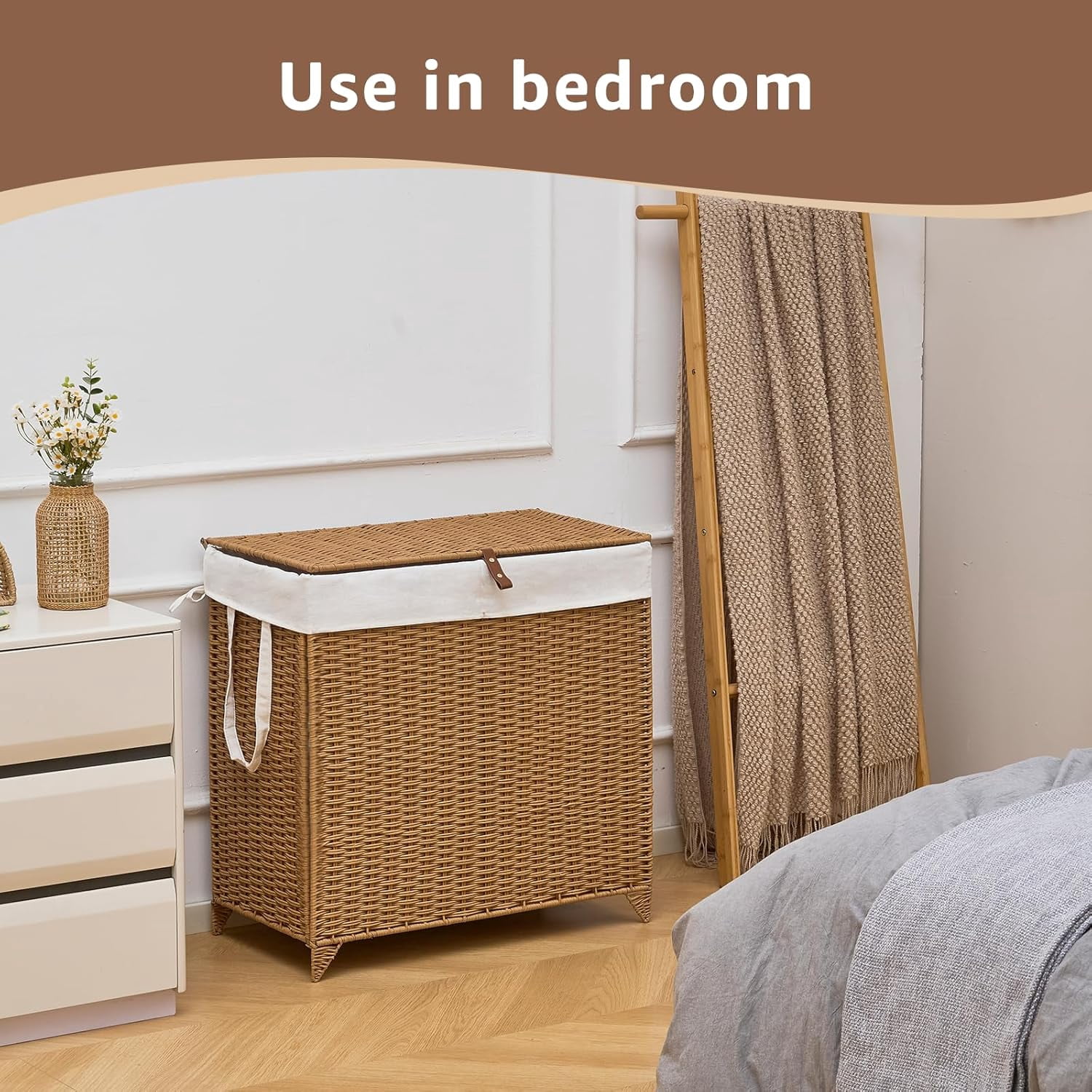 Casa Pura Furniture Adult Natural Hyacinth Wicker Heightened Feet Laundry Hamper with Lid & Removable Liner Bag, Brown